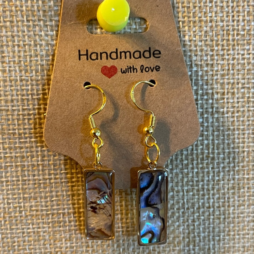 Beautiful handcrafted earrings in gold tone and abalone